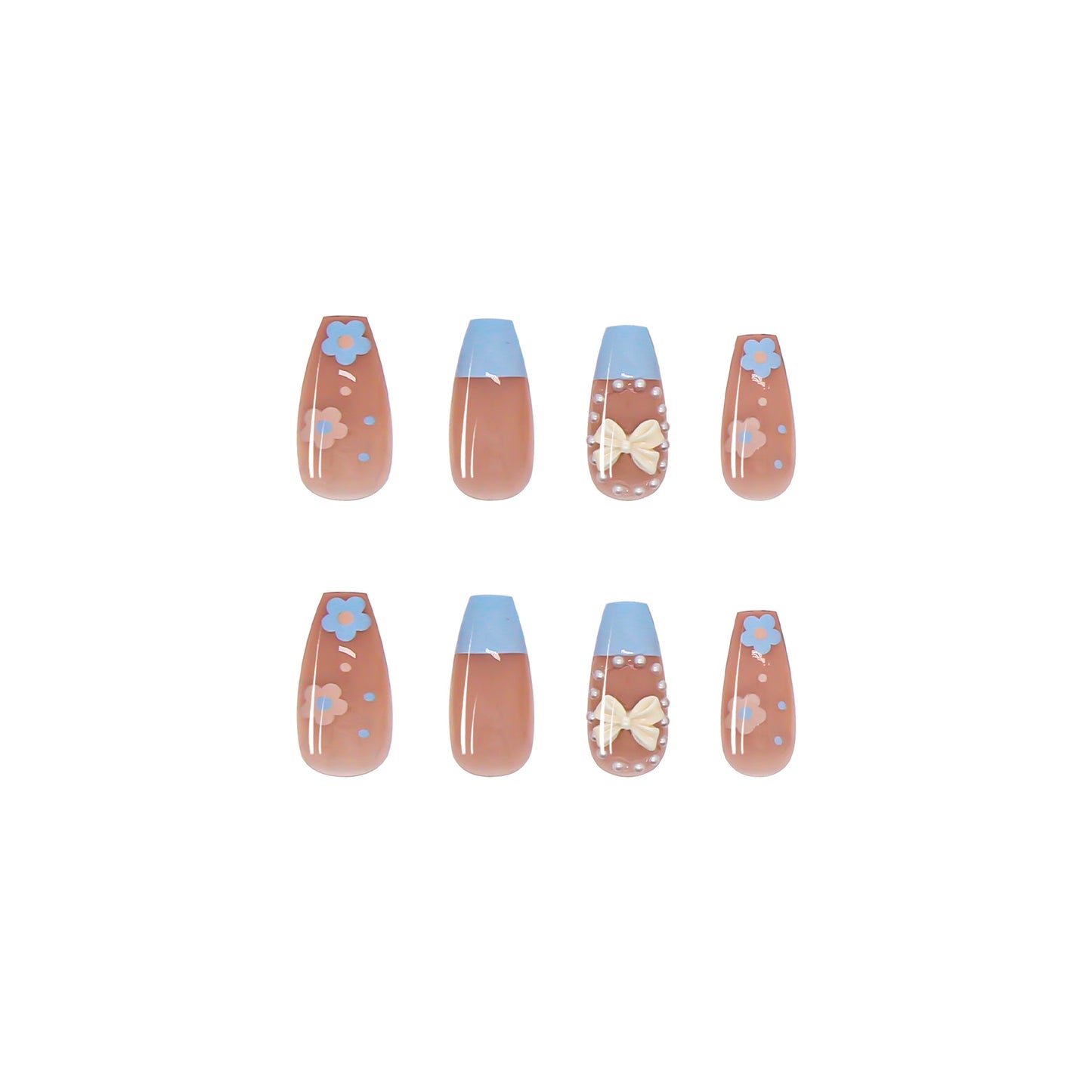 Blue Plaid Pearl Heart Long French Manicure Fake Nail #N1198