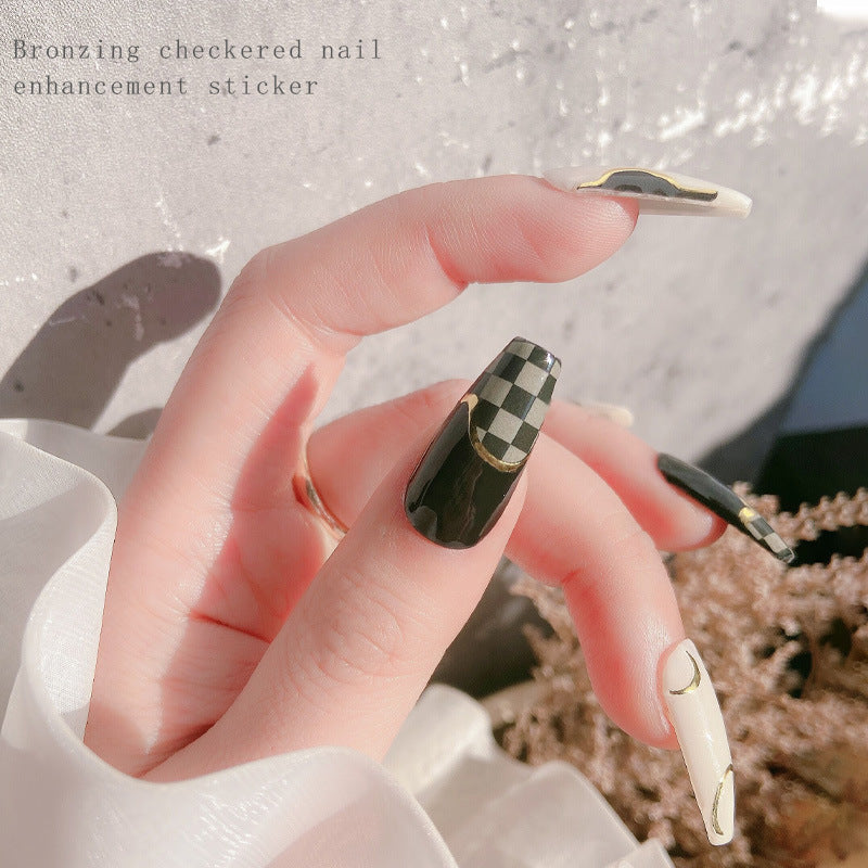 3D Black and White Grid Pattern Gold Line French Nail Stickers #s2396