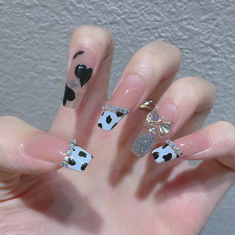 French Leopard Print Heart Bow Long Fake Nail #N2312