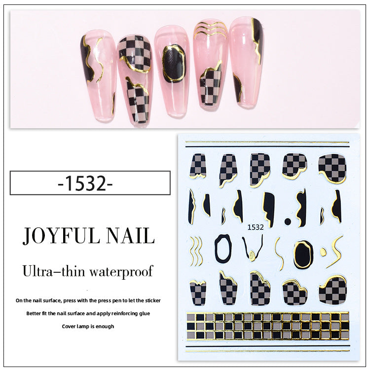 3D Black and White Grid Pattern Gold Line French Nail Stickers #s2396