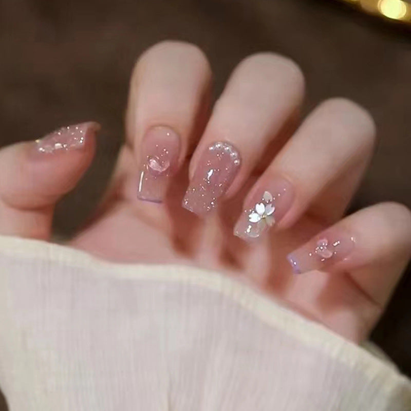 Crystal Heart Pearl Glitter French Nail Tips