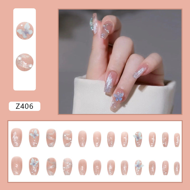 Butterfly Ice Transparent Crystal Rhinestone Blue False Nails #N7308