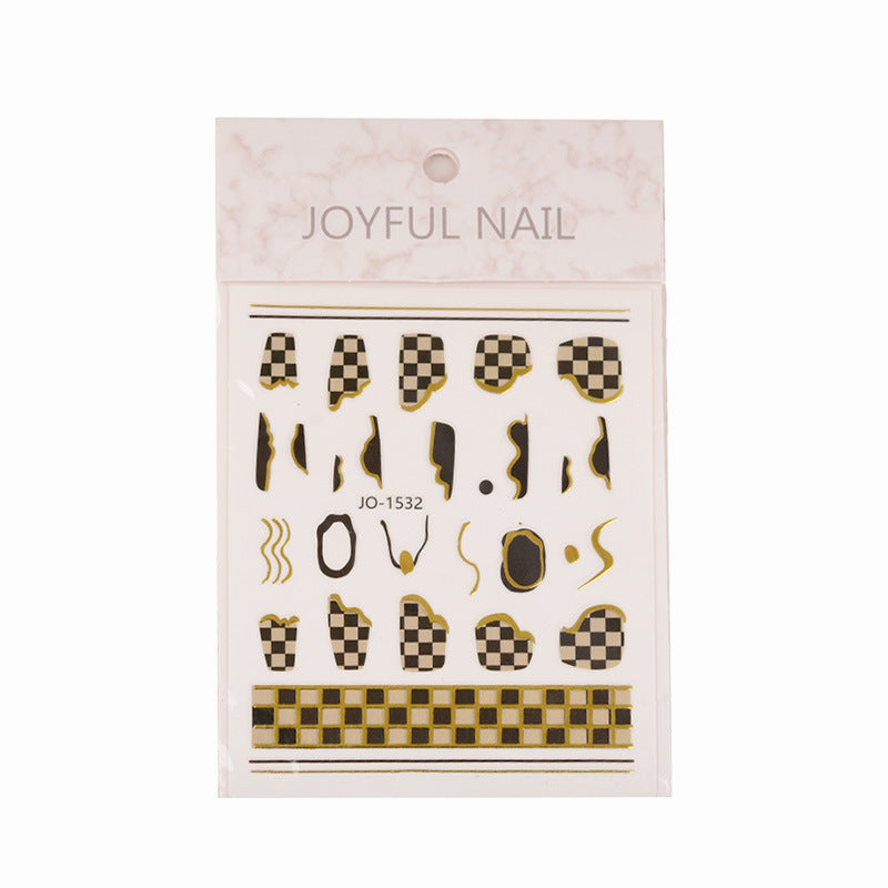 3D Black and White Grid Pattern Gold Line French Nail Stickers #s2396