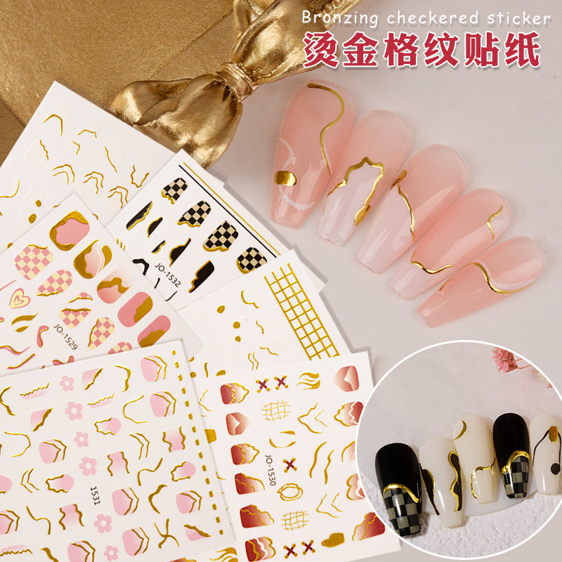 3D Black and White Grid Pattern Gold Line French Nail Stickers #s2396