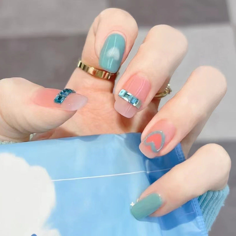 Lake Blue Heart Diamond Detachable Nail Tips #N0816