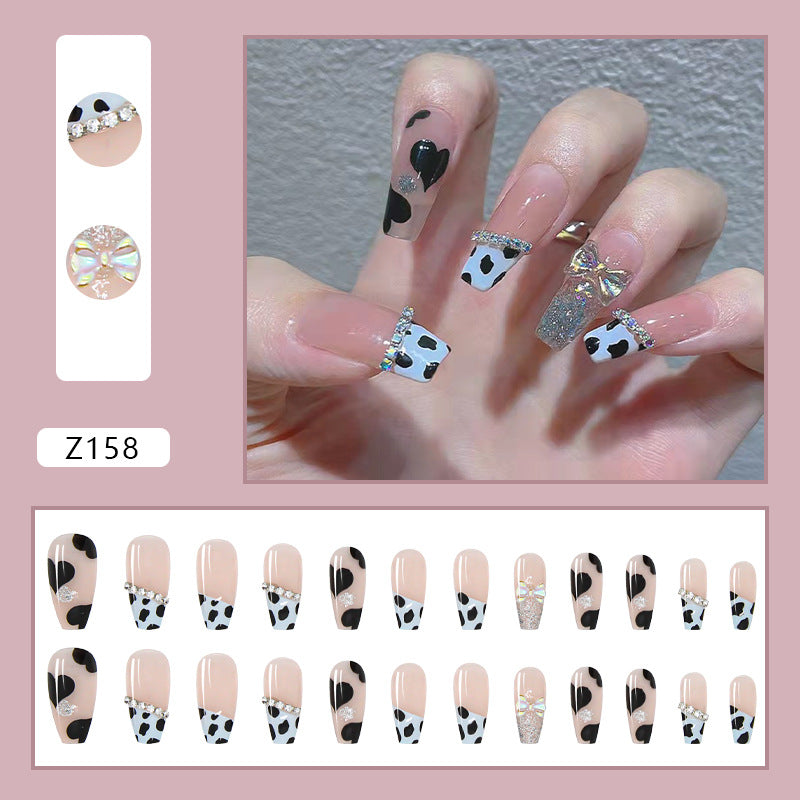 French Leopard Print Heart Bow Long Fake Nail #N2312