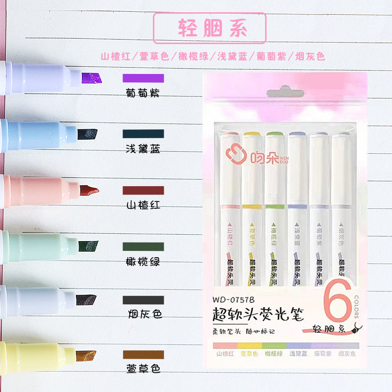 Macaron Soft Tip Highlighter Student Marker Color Pen 6pcs/lot #P7402