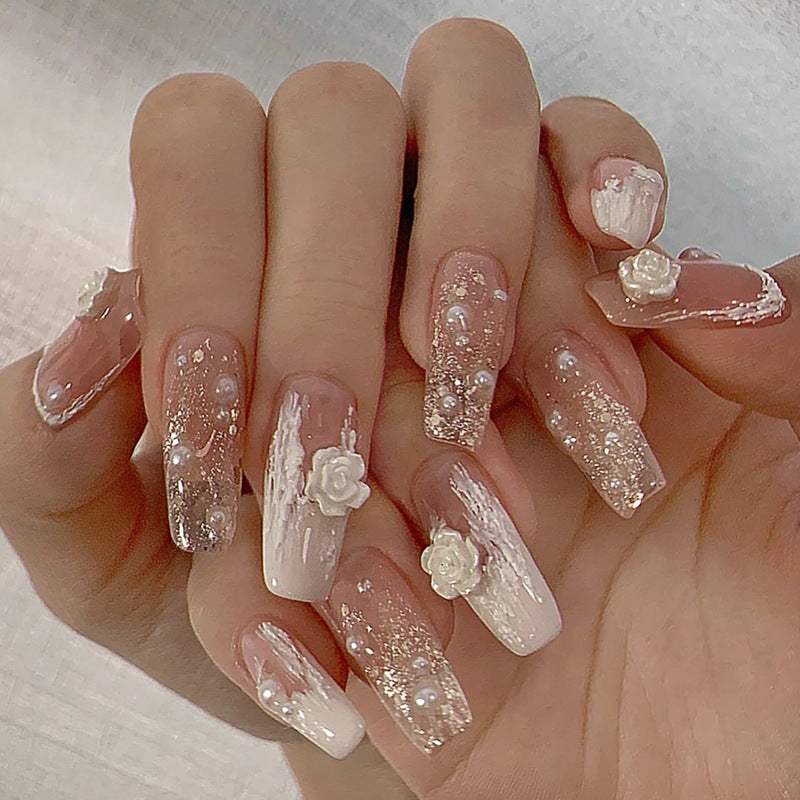 Pearl Camellia Fake Nail Finished Patch #N2051
