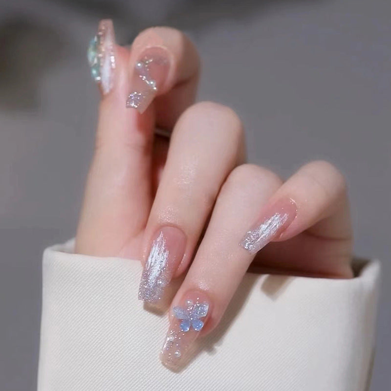 Butterfly Ice Transparent Crystal Rhinestone Blue False Nails #N7308