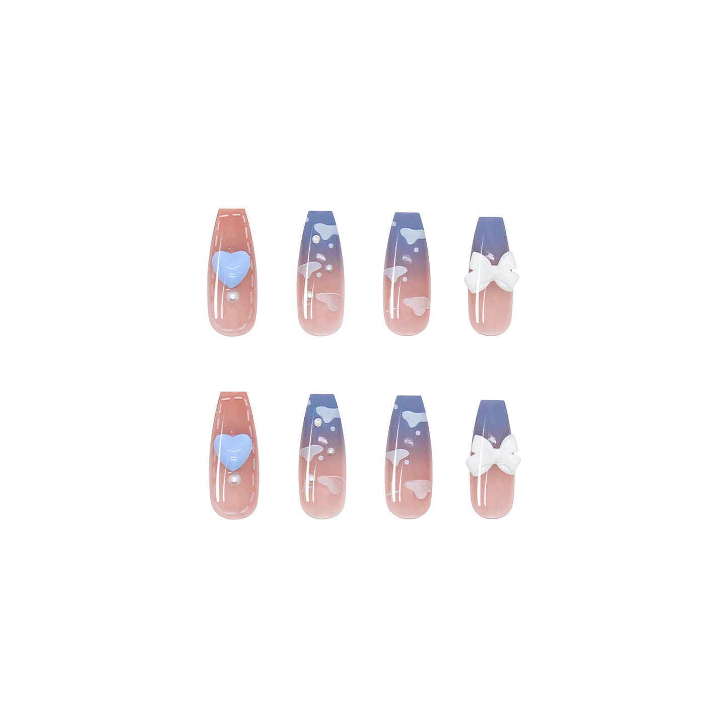 Blue Gradient Heart Bow Wearable Nail Tips #N2982
