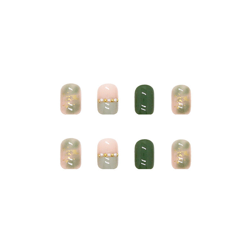 Pearl Diamond Fresh Green Forest Short Nail Art Tips