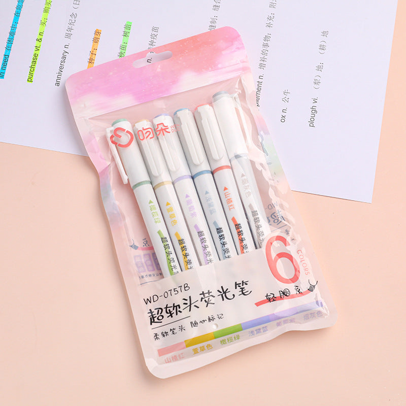 Soft Tip Highlighter Student exam marker colored pens 6pcs/lot #p2146