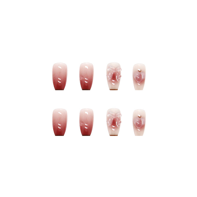 Love Peach Bow Knot Seeing Light Discoloration Stereo Nail Tips #N3812