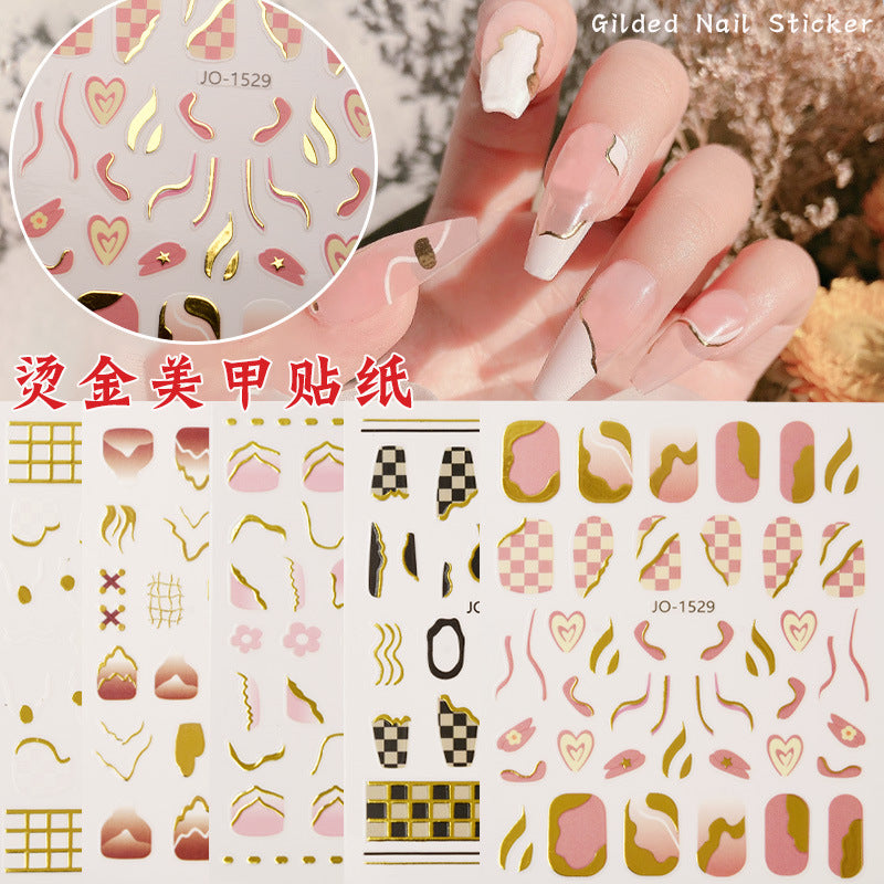 3D Black and White Grid Pattern Gold Line French Nail Stickers #s2396