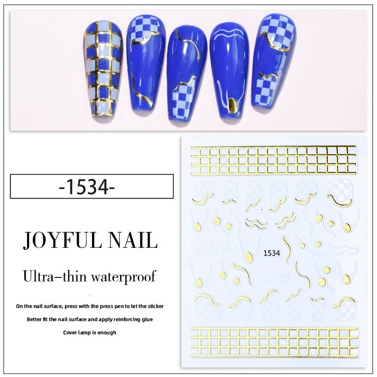 3D Black and White Grid Pattern Gold Line French Nail Stickers #s2396