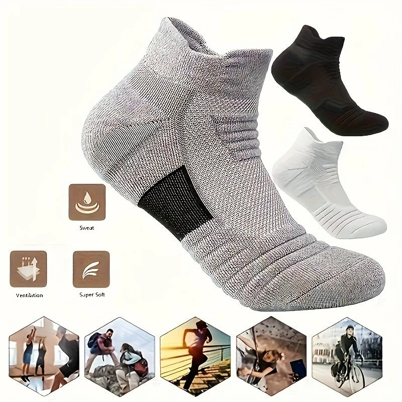 HSS 6 Pairs New Men Sports Running Fitness Flight Short Tube Socks Women's Towel Bottom Basketball Socks Solid Color Black Socks