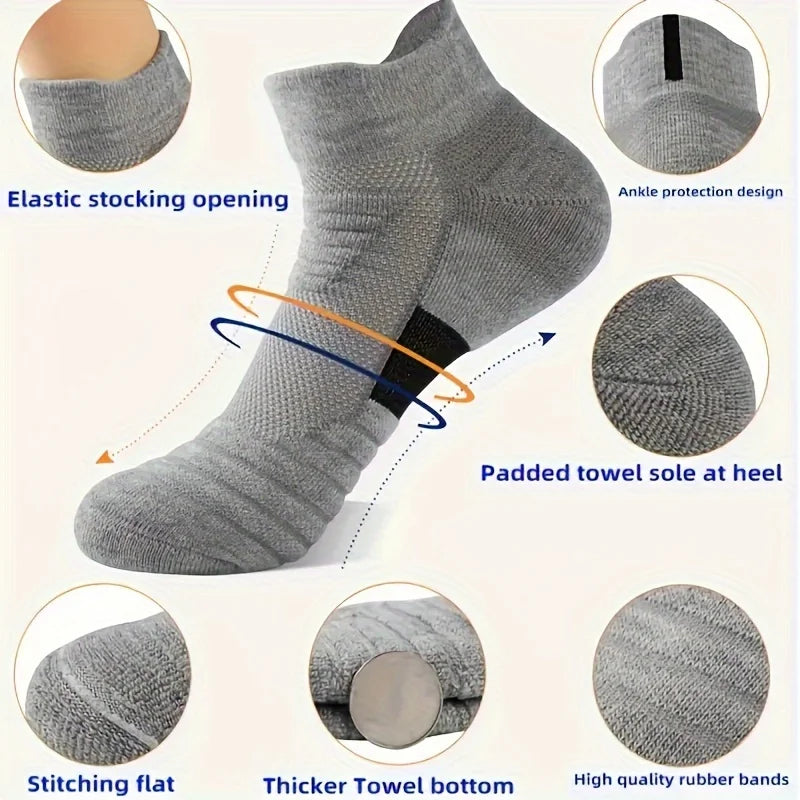 HSS 6 Pairs New Men Sports Running Fitness Flight Short Tube Socks Women's Towel Bottom Basketball Socks Solid Color Black Socks
