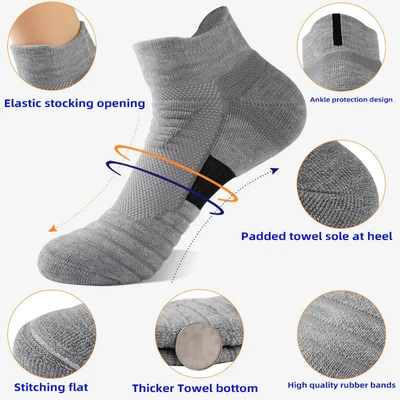 HSS 6 Pairs New Men Sports Running Fitness Flight Short Tube Socks Women's Towel Bottom Basketball Socks Solid Color Black Socks