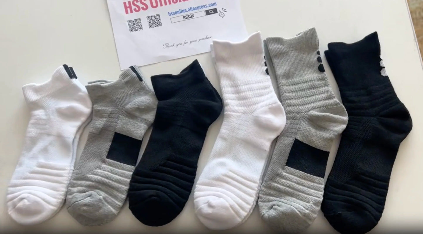 HSS 6 Pairs New Men Sports Running Fitness Flight Short Tube Socks Women's Towel Bottom Basketball Socks Solid Color Black Socks