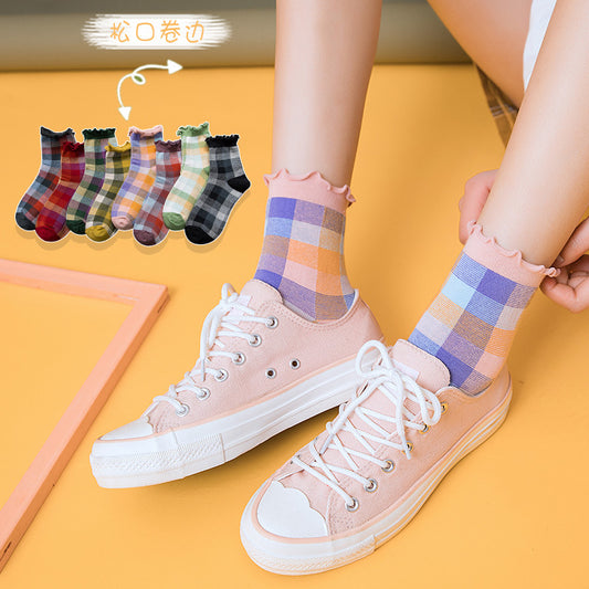 New spring and summer fresh loose mouth curling fungus cotton women socks Plaid ladies socks 6pair/lot