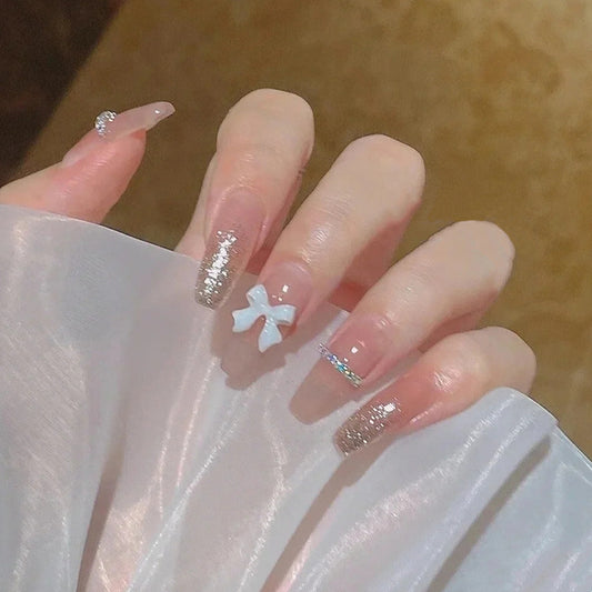 24PCS/Box Bowknot Pattern Pearl French Style Full Covering Pressed Fake Nails #FN34204