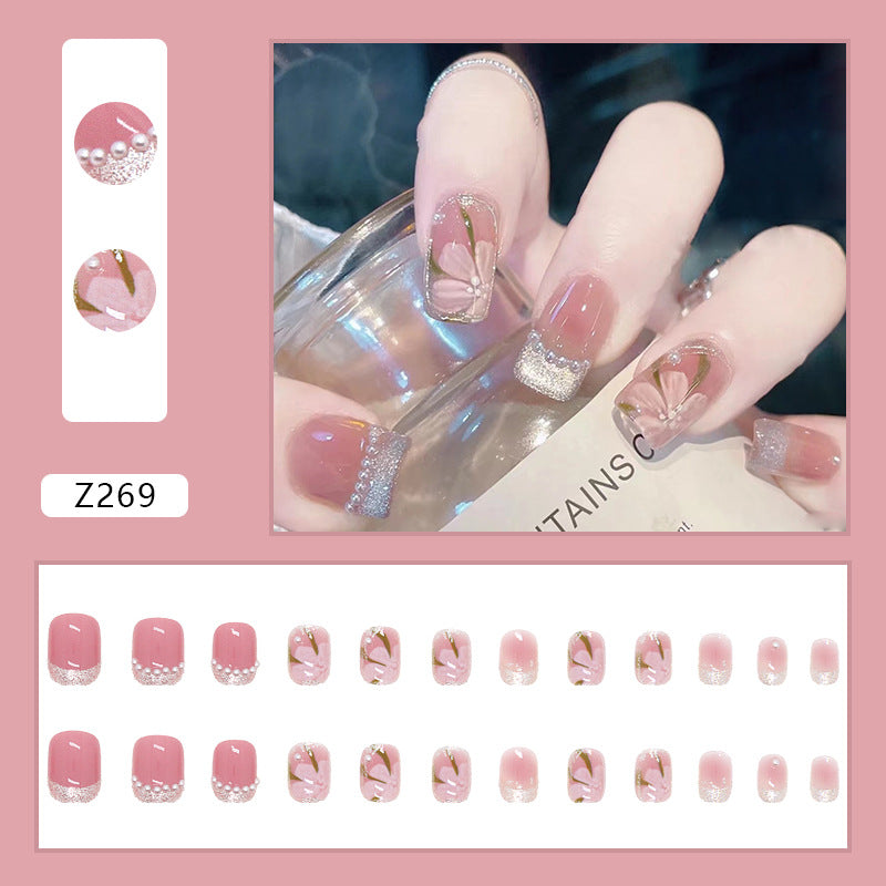 Pearl Retro Flower White Short Finished Removable Wearable Nail Patch #N8276