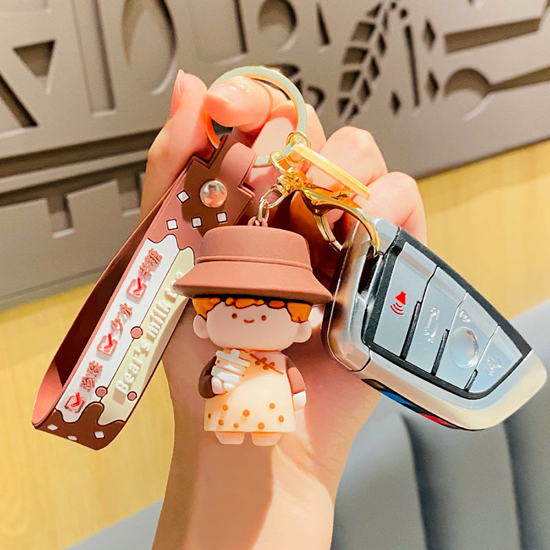 Couple pearl milk tea pendant cute cartoon car keychain #K3888
