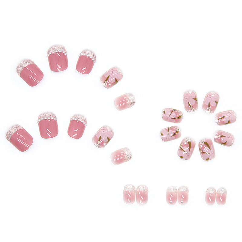 Pearl Retro Flower White Short Finished Removable Wearable Nail Patch #N8276