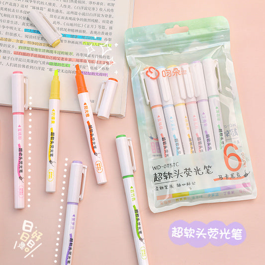 Soft Tip Highlighter Student exam marker colored pens 6pcs/lot #p2146