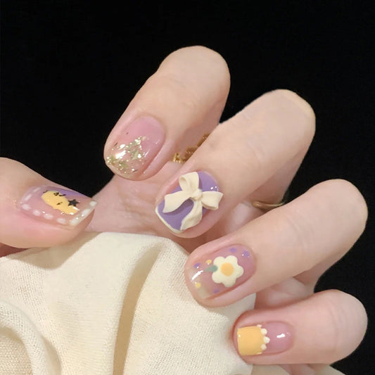 24PCS/Box Bowknot Pattern Pearl French Style Full Covering Pressed Fake Nails