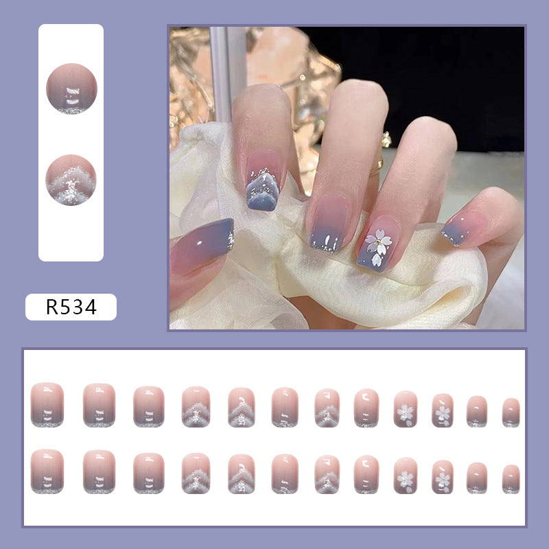 Blue Gradient Smudged Glitter Fragments False Nail #N1404