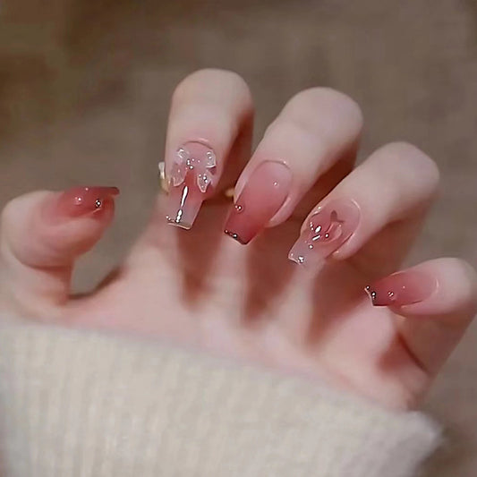 Love Peach Bow Knot Seeing Light Discoloration Stereo Nail Tips #N3812