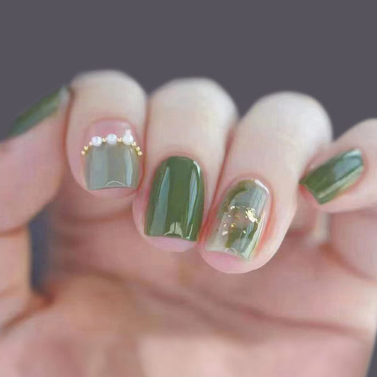 Pearl Diamond Fresh Green Forest Short Nail Art Tips