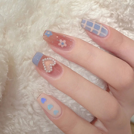 Blue Plaid Pearl Heart Long French Manicure Fake Nail #N1198